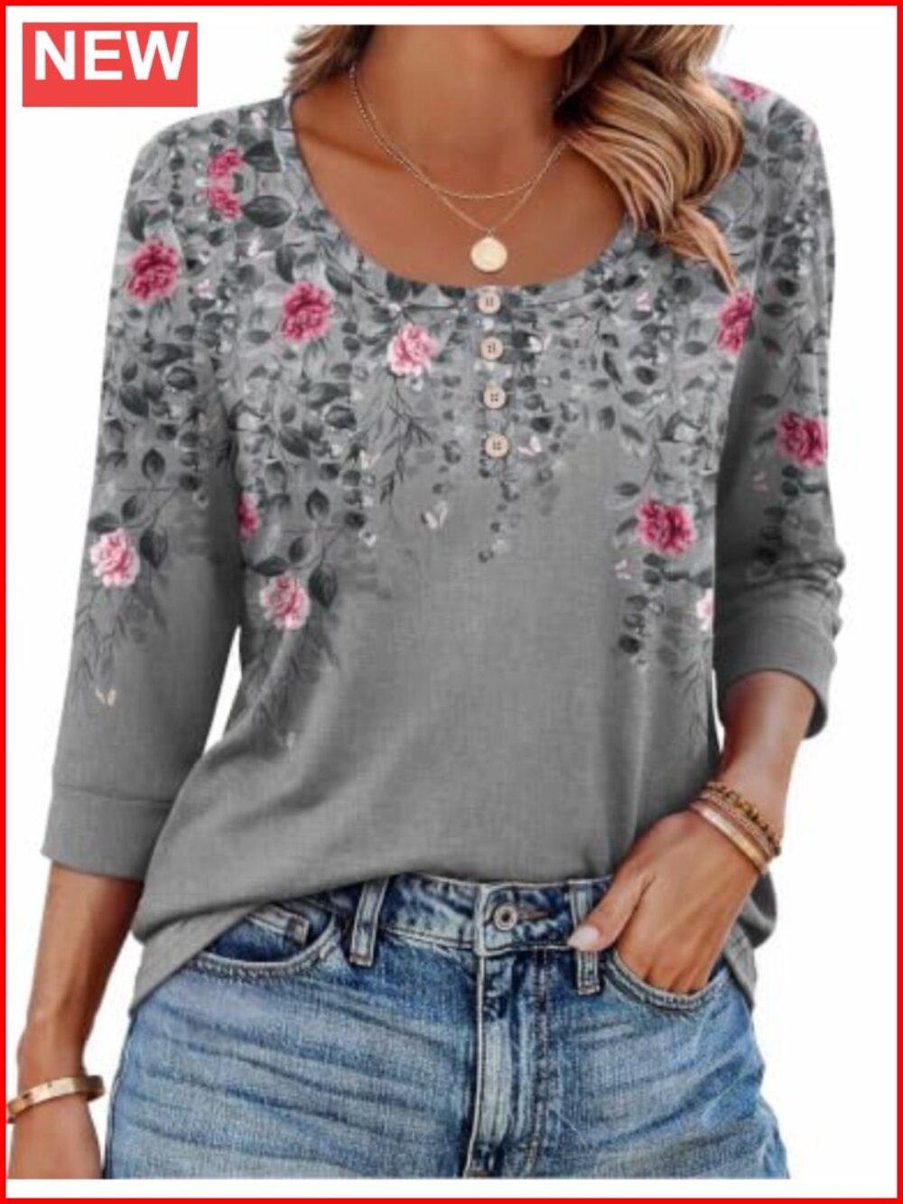 Ekouaer Women's 3/4 Sleeve Scoop Neck Blouse with Henley Buttons